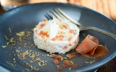 Riz rond cuisiné aux châtaignes grillées et manchego