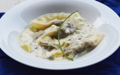 Ravioles au confit de canard et crème à la fourme d’Ambert