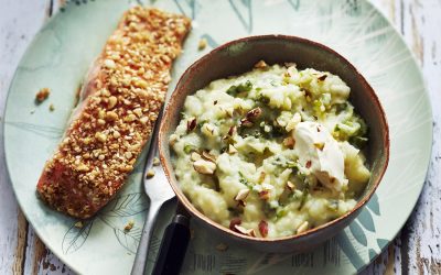 Saumon pané au dukkah et sa purée de légumes racines de printemps